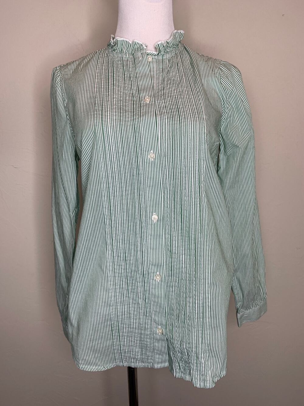 J. Crew Green White Narrow Stripe Blouse Sz XXS Pintuck Detail